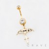 BAT WING MOTIF WITH A SKULL DANGLING CROSS CHARM BELLY BUTTON NAVEL RING 316L SURGICAL STEEL